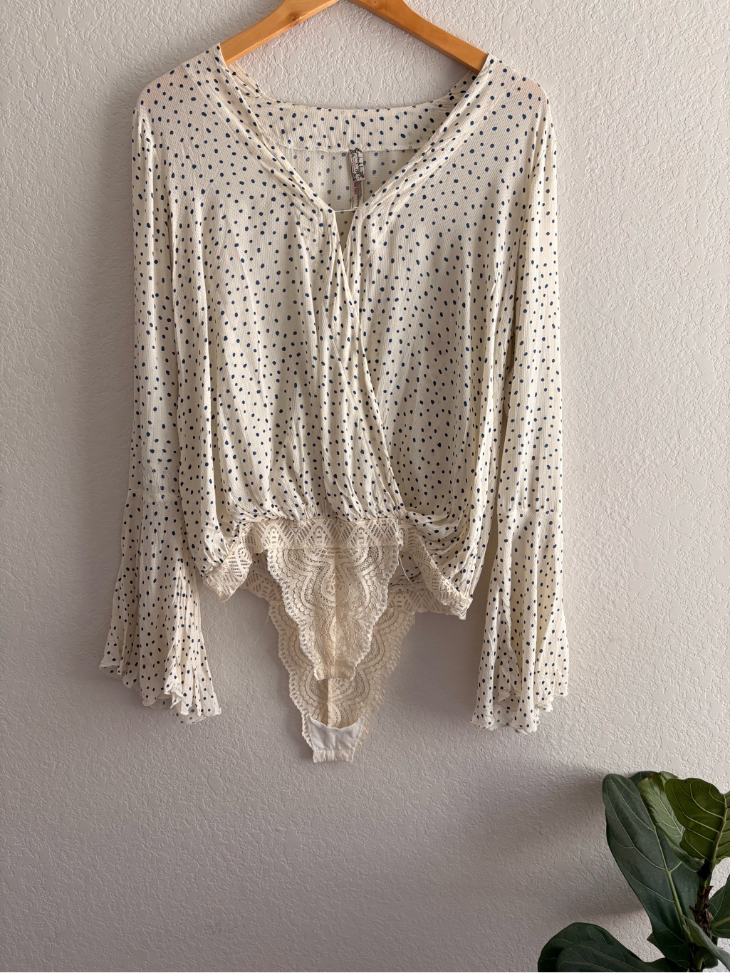 Intimately Free People Makin Waves Polka Dot Bell Sleeve Bodysuit Size Small
